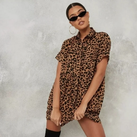 NWOT Missguided Brown Leopard Print Shirt Smock Mini Dress - Picture 2 of 16